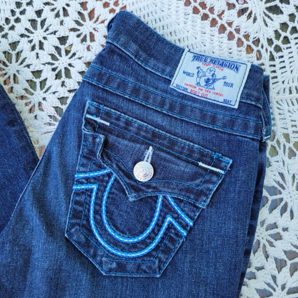 SOLD: True Religion Boot Cut 27 Blue Denim Jean West Rodeo Country Cowgirl - Picture 2 of 7